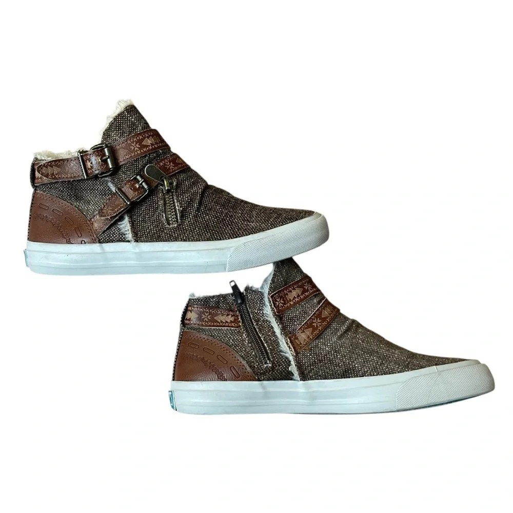 Blowfish Malibu Brown Faux Fur High Top Sneakers Buckle Zip Slip-On Shoes